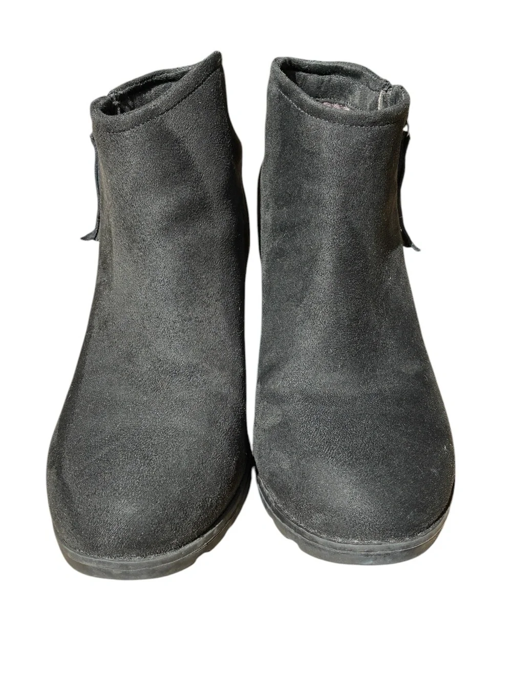 Bobs by Skechers, Tumble Weed, Black Suede Wedge Booties, Zip Up, Size 8